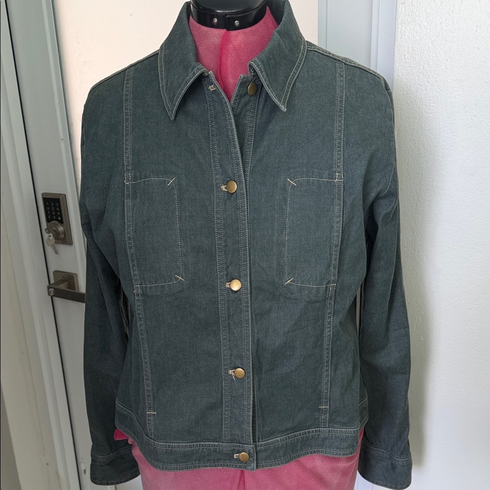 Women's Dark Green Denim Jacket with Snap Front